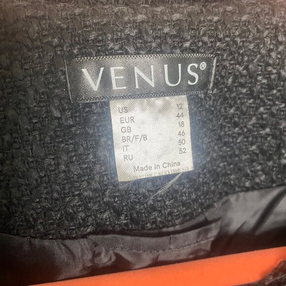 Venus Open Front Long Blazer Jacket Womens‎ Size 12 Black Tweed Fringed Lined - Picture 2 of 15